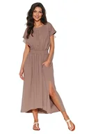 Sukienki - Numinou Damska sukienka ze sznurkiem | 95% bawełna 5% elastan | dzianina | długa sukienka | maxi damska | krótkie rękawy | basic | elastyczna | okrągły dekolt, Mokka, 36-38 - miniaturka - grafika 1