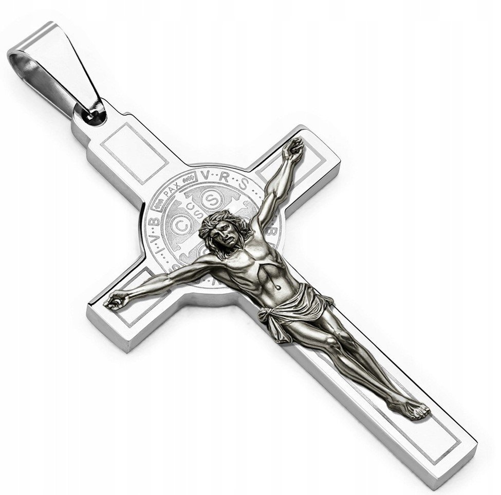 DUŻY KRZYŻ SREBRNA ZAWIESZKA WISIOREK KRZYŻYK JEZUS STAL CHIRURGICZNA 316L