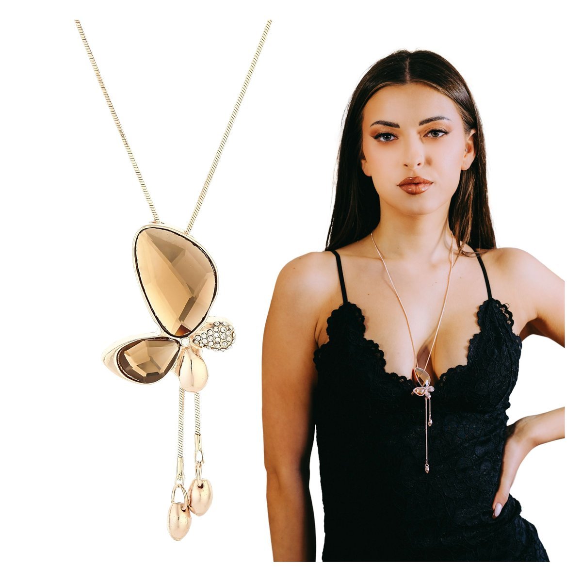 Naszyjnik Złoty Długi Łańcuszek z Zawieszką Motyl z Cyrkoniami Regulowany