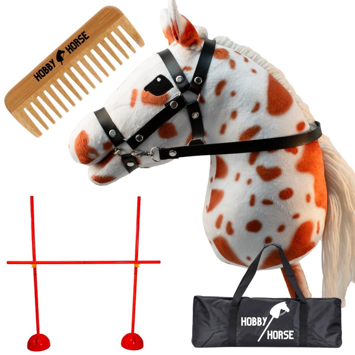ZESTAW HOBBY HORSE KOŃ NA KIJU A3 + PRZESZKODA DO SKAKANIA 120 CM + GRZEBIEŃ [M-ZESTAW-H8-1]