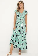 Sukienki - Zielona Wiskozowa Sukienka w Kwiaty z Gumką w Pasie z Ozdobnym Paskiem Vikellie - miniaturka - grafika 1