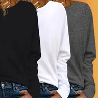 Bluzki damskie - TEMU 3-pak damskich bluzek z długim rękawem i okrągłym dekoltem - jednokolorowe polarowe bluzki z długim rękawem i okrągłym dekoltem, z medium - miniaturka - grafika 1