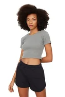 Bluzki damskie - Trendyol Damska dopasowana standardowa, tkana bluzka z okrągłym dekoltem, Szary, L - miniaturka - grafika 1