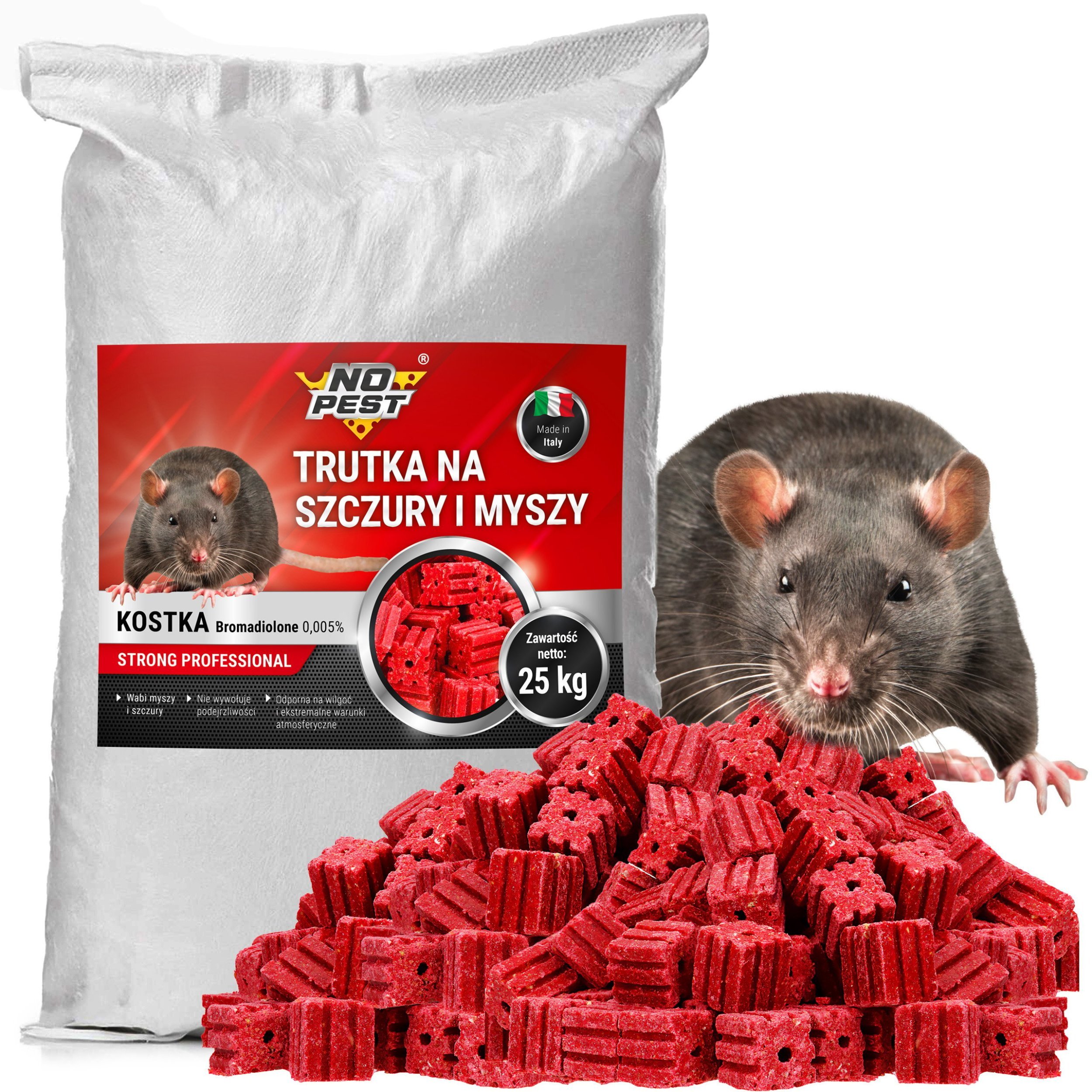 Trutka Trucizna Środek na Myszy Szczury Gryzonie Czerwona Kostka Bromadiolone Przeciw Myszom Szczurom Worek 25kg