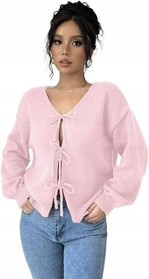 SHEIN RÓŻOWY SWETER Z WIĄZANIEM I DŁUGIM RĘKAWEM 36 1ŁYF