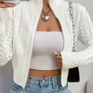 Swetry damskie - TEMU Elegancka krótka kardiganowa kurtka z długim rękawem i stójką - miniaturka - grafika 1