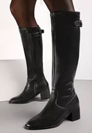 Kozaki damskie - Czarne Kozaki Przed Kolano na Słupku z Ozdobnym Paskiem i Przeszyciami Celinna - miniaturka - grafika 1