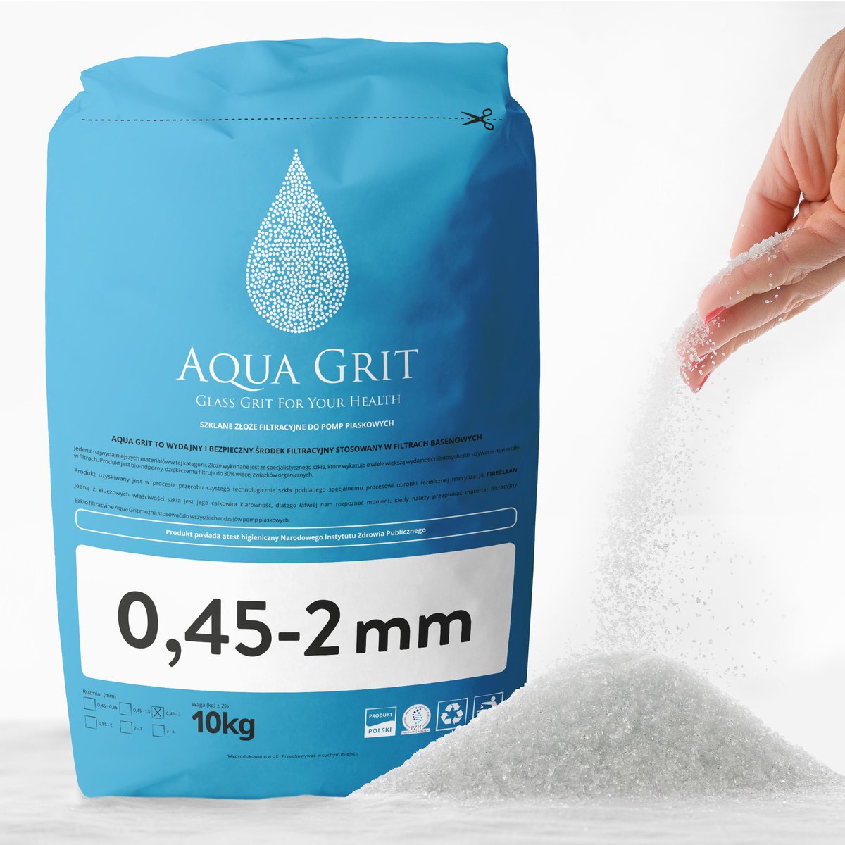 PIASEK POMPY BASENOWEJ PIASKOWEJ KWARCOWY 0,45 - 2 mm Aqua Grit PZH 10kg