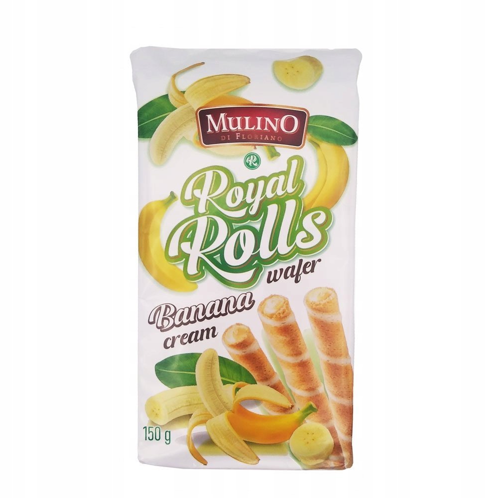 Mulino 150g Rurki waflowe z kremem o smaku bananowym ROYAL ROLLS BANANA