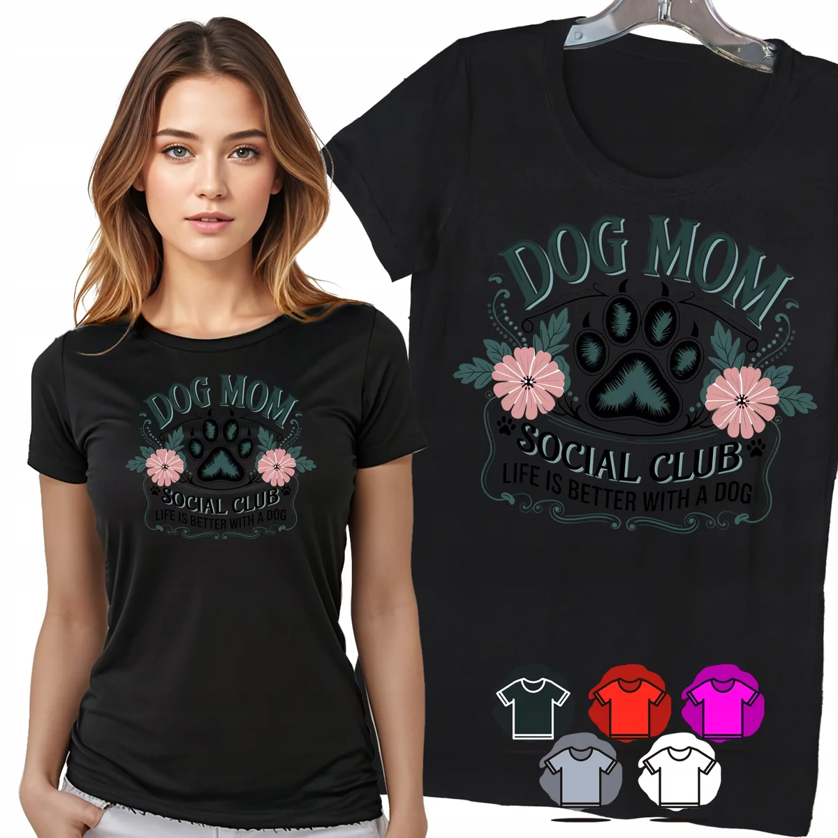 KOSZULKA DAMSKA T-SHIRT - DOG MOM PSIA MAMA ŁAPKA KWIATY DAMSKI WZÓR - M