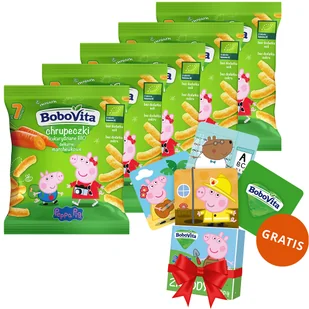 Zestaw BoboVita Świnka Peppa Chrupeczki kukurydziane Bio, delikatnie marchewkowe, po 7 miesiącu, 5 x 20 g + karty do gry memory, 24 sztuki gratis - Przekąski dla dzieci - miniaturka - grafika 1