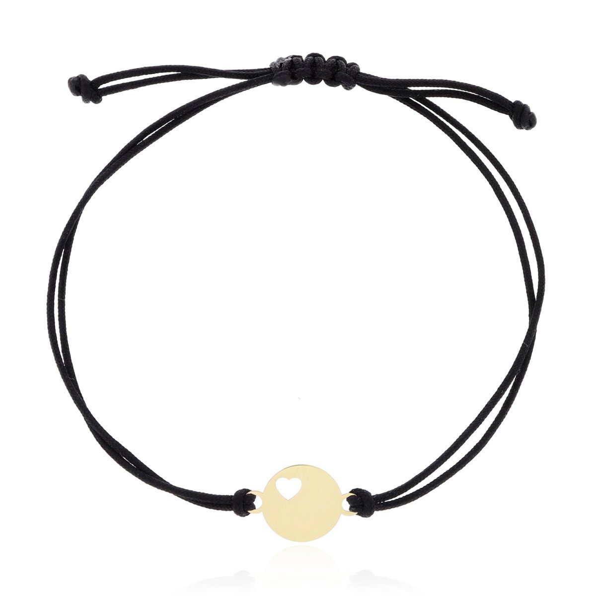 Bransoletka czarny sznurek serce w kółku złoto pr.585