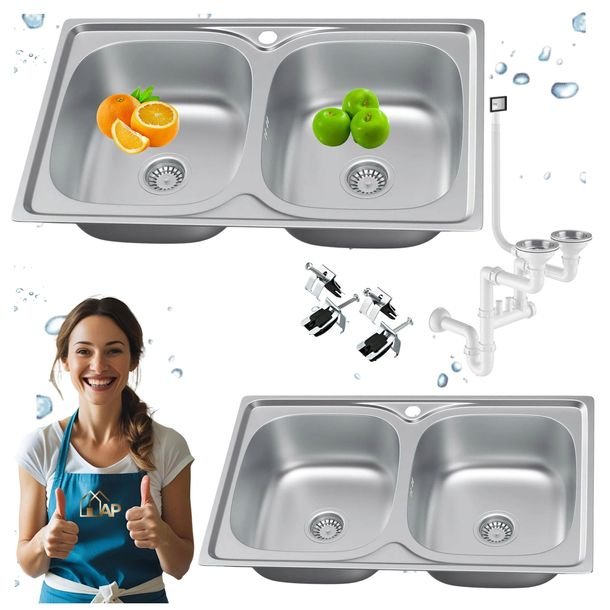 Zlewozmywak Stalowy Dwukomorowy 80x50 Inox Mikrolen Zlew Kuchenny z Syfonem