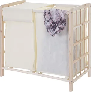 Kosz na pranie HWC-B60, Kosz na pranie z litego drewna, 2 komory 60x60x33cm 68l ~ jasnobrązowy, pokrywa kremowa - Kosze na bieliznę - miniaturka - grafika 1