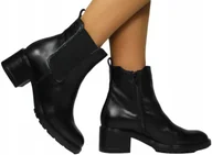 Botki damskie - TAMARIS BOTKI DAMSKIE NA KLOCKU CZARNE SKÓRZANE 39 J8A - miniaturka - grafika 1