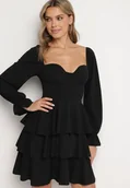 Sukienki - Czarna Rozkloszowana Sukienka z Falbankami i Bufiastymi Rękawami Semithara - miniaturka - grafika 1