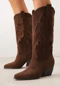 Kozaki damskie - Brązowe Ażurowe Kozaki Kowbojki na Obcasie typu Stożek Tidrina - Renee - miniaturka - grafika 1