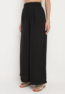 Czarne Szerokie Spodnie z Wiskozą i Wysokim Stanem i Gumką w Talii Kelevevia - Spodnie damskie - miniaturka - grafika 1