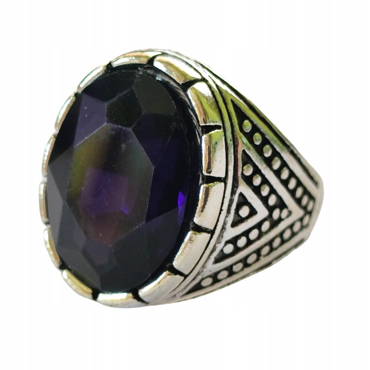 Srebrny Sygnet z Dużym Aleksandrytem Czarny Kamień Stal Szlachetna Vintage