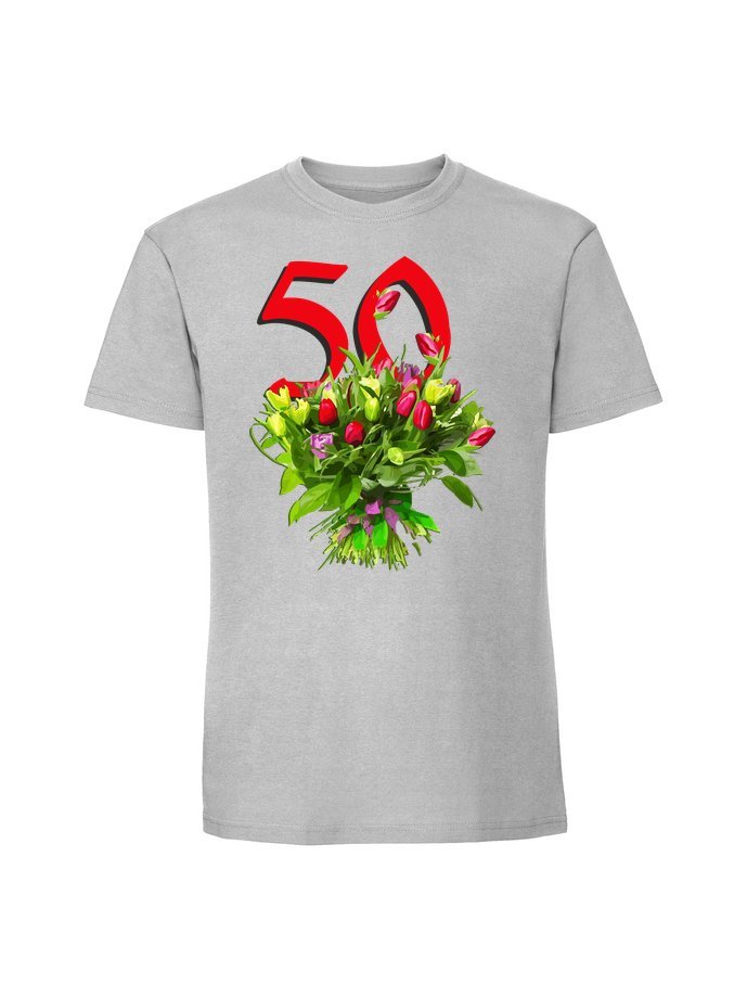 Męska koszulka z nadrukiem - 50 kwiaty + wiek Pastelowy szary XL