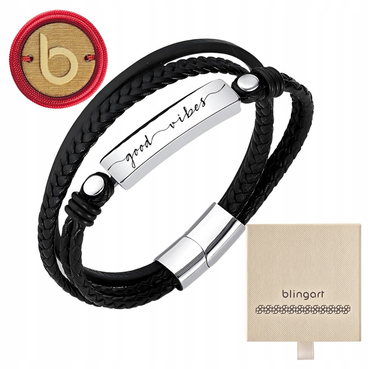 Bransoletka z grawerem męska skórzana stal 316L czarna pleciona BLINGART