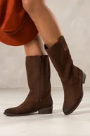 Kozaki damskie - Brązowe kozaki skórzane damskie Sergio Leone na niskim klocku złota ozdoba na cholewce PA712-H - miniaturka - grafika 1