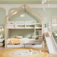 Łóżka dla dzieci i młodzieży - Łóżko piętrowe Cabane ze zjeżdżalnią, drabinką i szufladami - rama z litego drewna sosnowego - 90x200cm - Biały - miniaturka - grafika 1