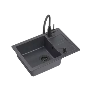 READY- SMART CZARNY zlewozmywak granitowy 1-k z/o (62x44x17,5) + bateria z elastyczną wylewką very black + dozownik very black + syfon very black - Baterie kuchenne - miniaturka - grafika 1