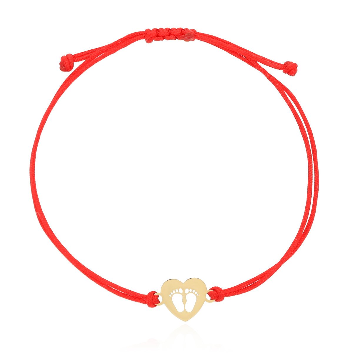 Bransoletka czerwony sznurek stópki w sercu złoto pr.585