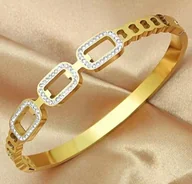 Bransoletki - Stylowa Złota Bransoletka Cyrkonie Brokat Stal Szlachetna z Zapięciem - miniaturka - grafika 1