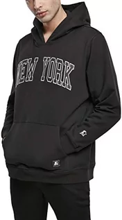 Bluzy męskie - STARTER BLACK LABEL Męska bluza z kapturem z nadrukiem New York i wyszywanym logo, naszywka na kieszeni brzucha, kaptur ze ściągaczami, kolor czarny, rozmiar XS do XXL, czarny, XL - grafika 1