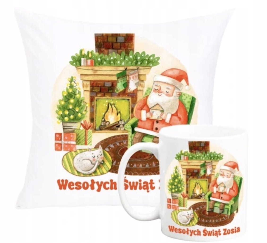 ZESTAW PODUSZKA + KUBEK Prezent MIKOŁAJ WESOŁYCH ŚWIĄT + IMIĘ 28