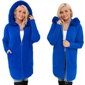 Płaszcze damskie - Z FUTERKIEM PŁASZCZ ALPAKA NA SUWAK WEŁNA CIEPŁY chabrowy - miniaturka - grafika 1