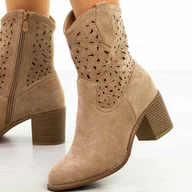 Botki damskie - Beżowe wiosenne zamszowe ażurowe botki damskie na obcasie S.Barski 51- - S.BARSKI - miniaturka - grafika 1