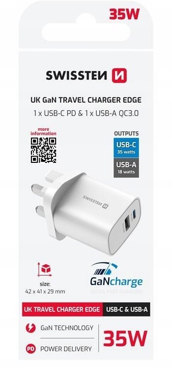 Ładowarka Swissten SWISSTEN Adapter sieciowy EDGE GaN 35W, 2-portowy, 1x USB-C, 1x USB-A, do gniazd w standardzie UK