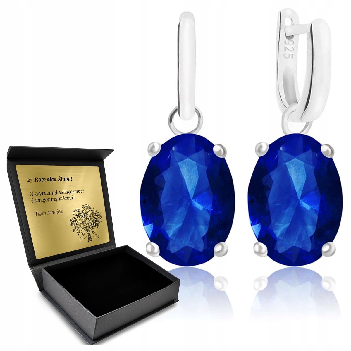 Kolczyki Srebrne 925 Z Szafirem Biżuteria Dla Kobiety + Grawer Grtis