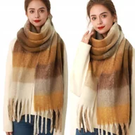 Apaszki i szaliki damskie - Duży Ciepły Szal Gruby Elegancki Szalik Damski W Kratę Modny Chusta Kolor Beż - miniaturka - grafika 1