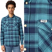 Koszule męskie - Wrangler FLANNEL WESTERN SHIRT Blue Storm BAWEŁNIANA KOSZULA W KRATĘ M - miniaturka - grafika 1