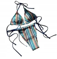 Stroje kąpielowe - Dwuczęściowy Dzianinowy Strój Kąpielowy Wiązany W Paski Niebieski M - miniaturka - grafika 1