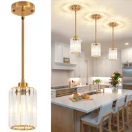 Lampy sufitowe - Złote lampy wiszące do kuchni nad wyspą z regulowanymi prętami – kryształowe lampy kompatybilne z żarówkami E27 Żyrandol (Żarówka w zestawie) - miniaturka - grafika 1