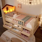 Łóżka dla dzieci i młodzieży - Łóżko dziecięce 90 x 200 cm z 4 szufladami i schodkami - Sosna + MDF + sklejka - Diody LED - Naturalne (Materac nie jest wliczony w cenę) - miniaturka - grafika 1