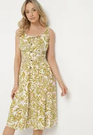 Sukienki - Jasnozielona Bawełniana Sukienka Rozkloszowana Ozdobiona Guzikami Lisavena - miniaturka - grafika 1