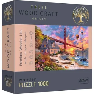 Trefl Puzzle Zachód słońca nad Golden Gate 1000 Elementów, Wood Craft, Nieregularne Kształty, 100 Figurek Amerykańskich Zabytków i Symboli, Układanka Premium, DIY, dla Dorosłych i Dzieci od 12 Lat 20164 - Układanki dla dzieci - miniaturka - grafika 1