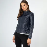 Kurtki damskie - Damska kurtka ze skóry ekologicznej taliowana granatowa - miniaturka - grafika 1