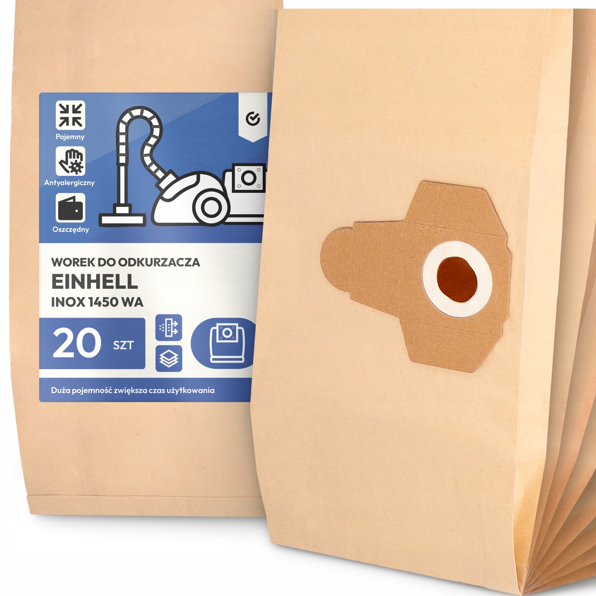 20x Worek do Odkurzacza Einhell Inox 1450 Wa Papierowy Duży Mocny Worki 2A