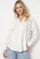 Koszule damskie - Biała Wiskozowa Koszula Oversize z Lnem Zdobiona Kwiatową Aplikacją Finreis - miniaturka - grafika 1