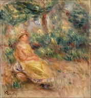 Plakaty - Galeria Plakatu, Plakat, Woman in Pink and Yellow in a Landscape, Pierre-Auguste Renoir, 42x29,7 cm - miniaturka - grafika 1