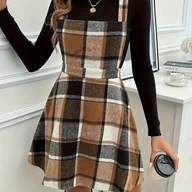 Sukienki - TEMU Kobieca Sukienka w Kratę z Regulowanymi Ramiączkami - Kwadratowy Dekolt, Długi Rękaw, Długość do Kolan, Brązowo-Biała Wzór w Kratę, Idealna na - miniaturka - grafika 1