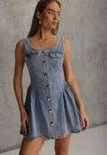 Sukienki - Jasnoniebieska Bawełniana Rozkloszowana Sukienka z Jeansu Ozdobiona Guzikami Sofeis - Renee - miniaturka - grafika 1