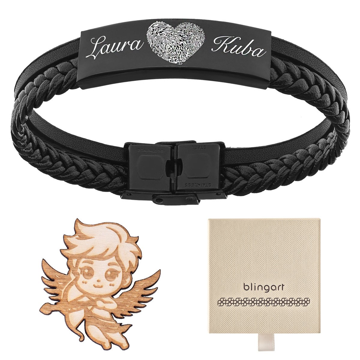 Bransoletka męska z GRAWEREM czarna plecionka blas